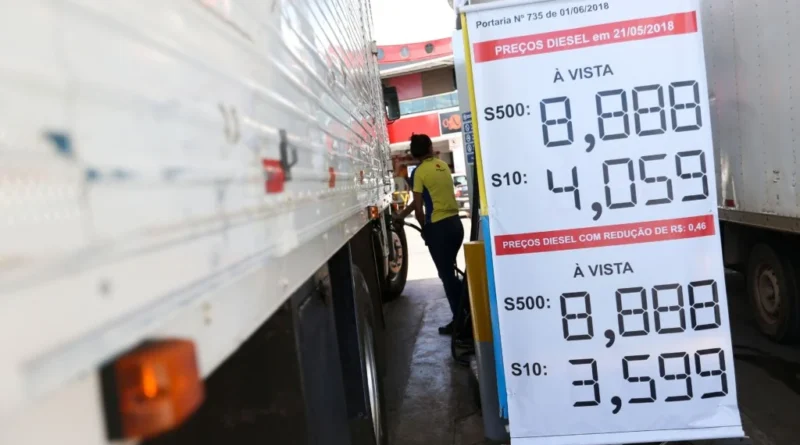 Painel exibe os preços do diesel S10 e S500 em posto de combustíveis no Brasil.